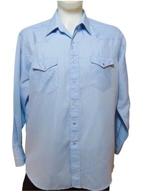 Vintage 70s Wrangler Pearl Snap Western Shirt USA Made Cowboy Cut Blue 17.5